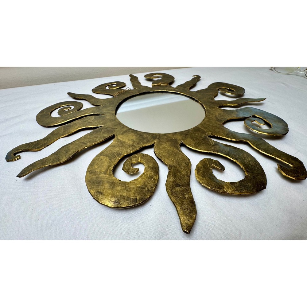 Vintage Brutalist Handmade Celestial Sunburst Wall Mirror Gold Whimsigoth Decor - Picture 5 of 8